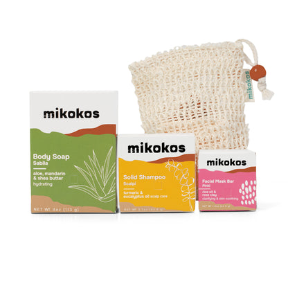 Jabón Sábila, Shampoo Scalpi, Mascarilla Pinki y bolsita de fibra de agave Mikokos