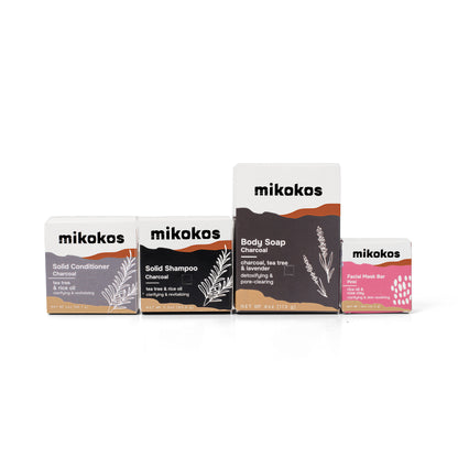 Acondicionador, Shampoo y Jabón Charcoal junto a Mascarilla Pinki, Mikokos