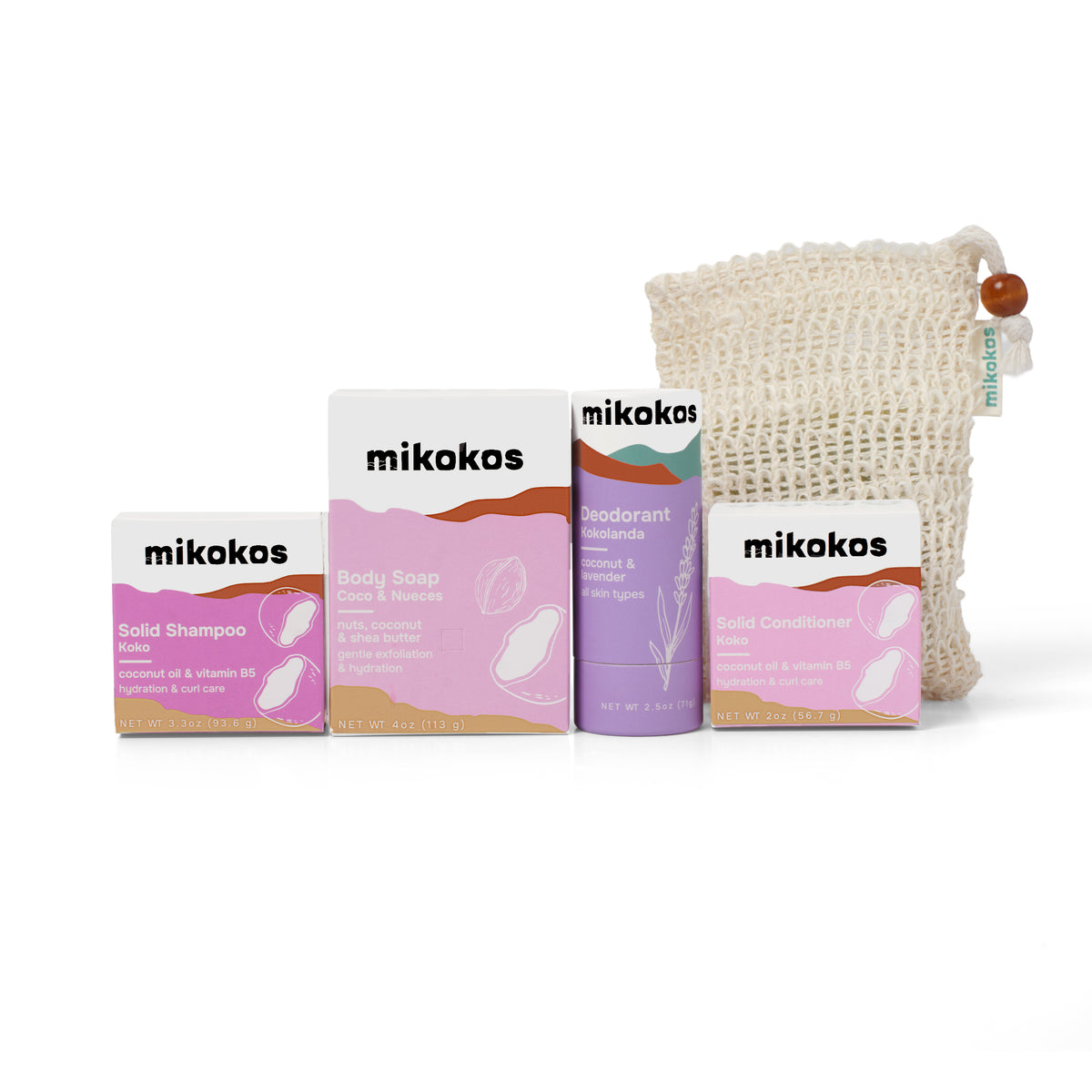 Shampoo, Acondicionador y Jabón Koko junto a Desodorante Kokolanda y bolsita de agave