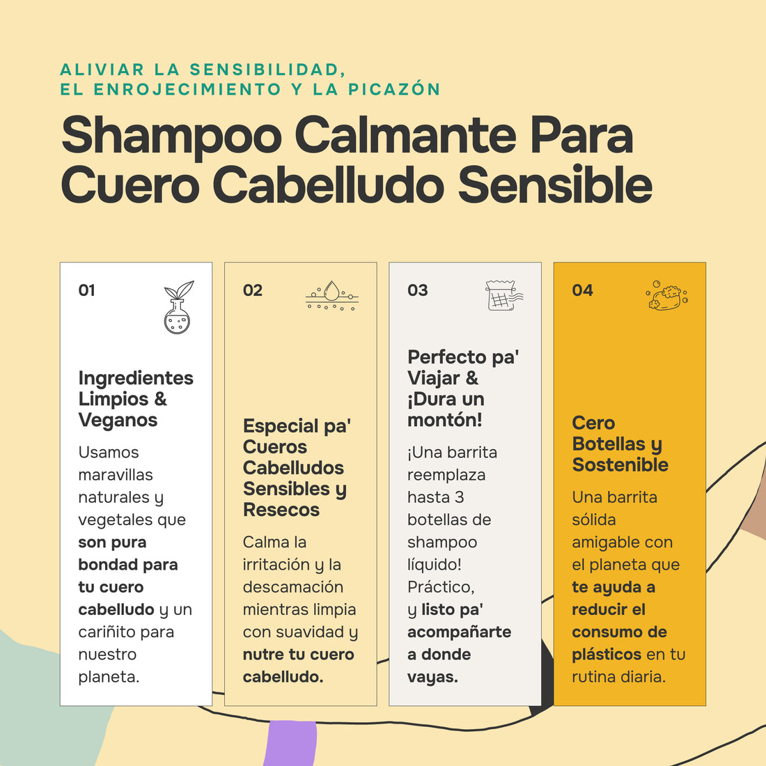 Beneficios del Scalpi Shampoo: ingredientes limpios y veganos, especial para cuero cabelludo sensible y reseco, perfecto para viajar, y cero botellas