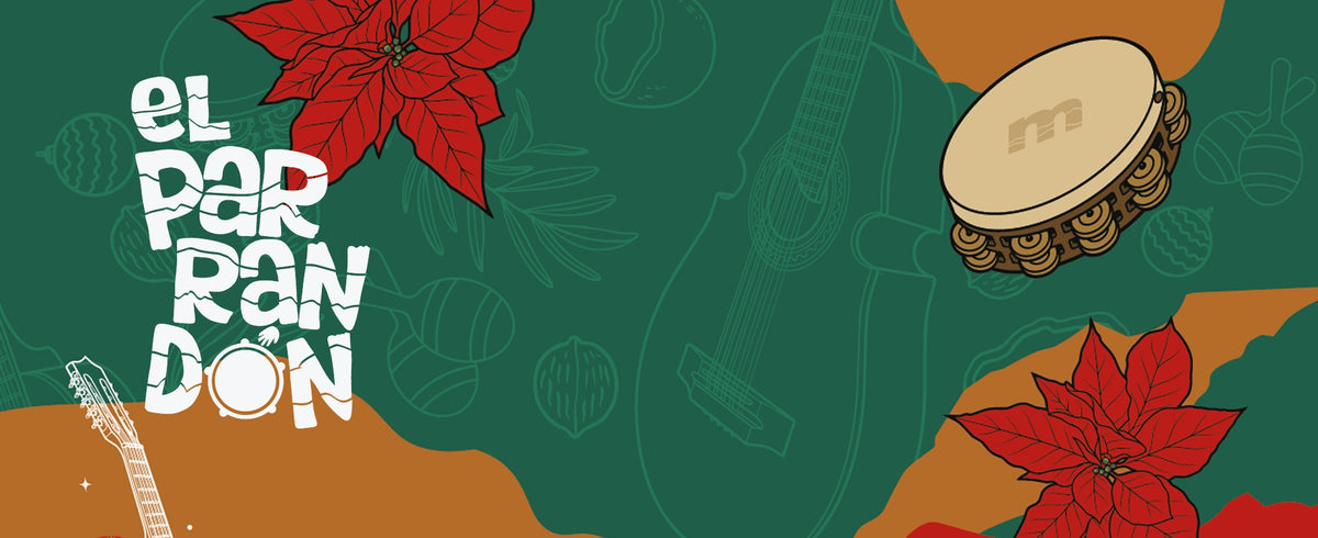 Banner navideño de El Parrandón con flores de pascua, un cuatro y una pandereta sobre fondo verde