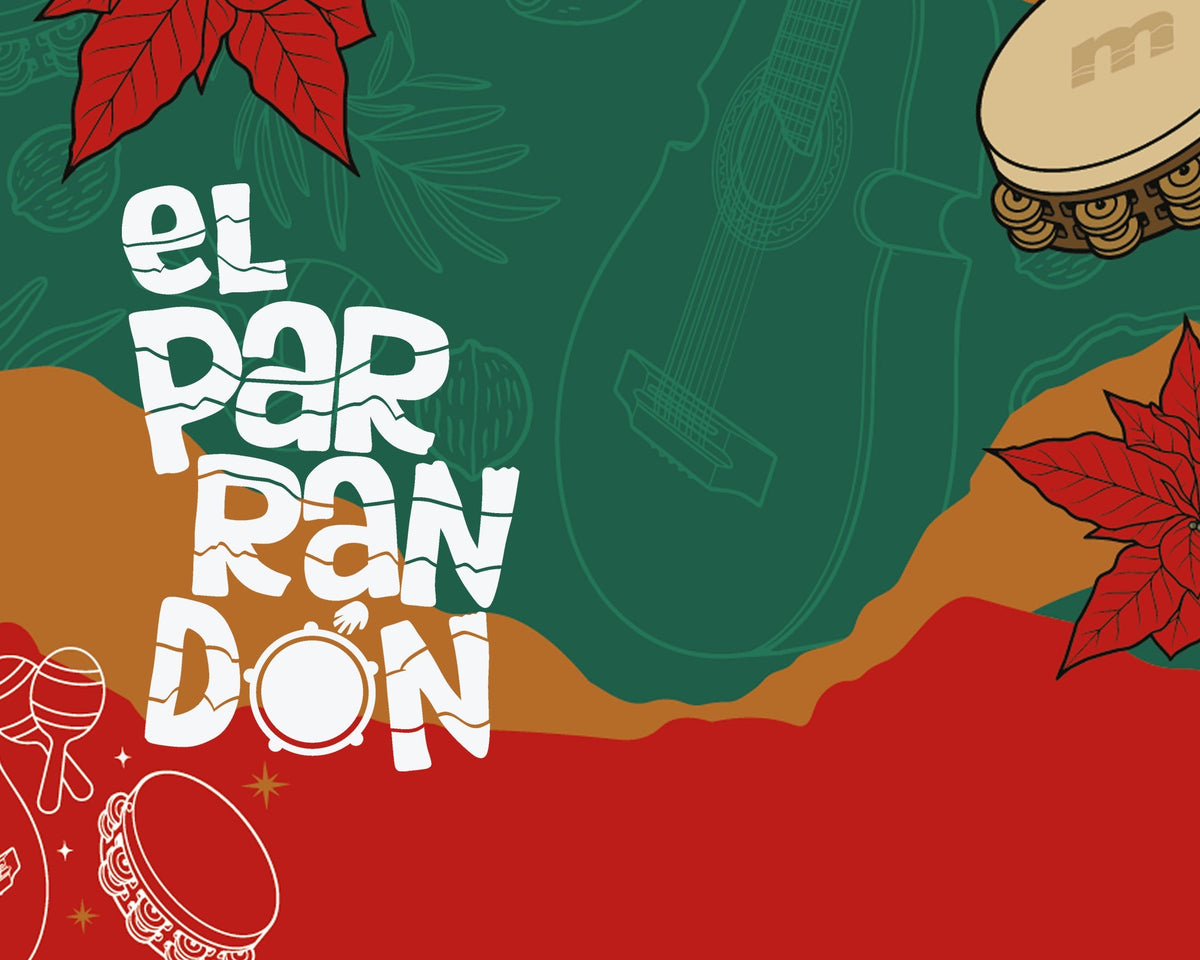 Banner navideño de El Parrandón con flores de pascua, pandereta y maracas en verde, caramelo y rojo